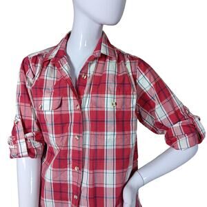 Vintage Mervin's For Her Button Down Shirt Size 12 Plaid Red and White Long Slee